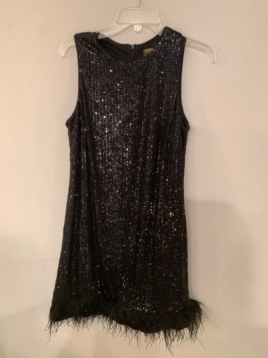 Taylor Dresses & Skirts - Taylor Black Sequin Dress with Feather Trim Size 14 gently worn no flaws